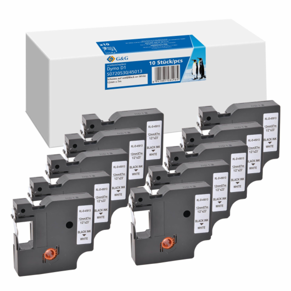 10x G&amp;G Schriftband 12mm x 7m sw  Komp m. Dymo D1/ 45...