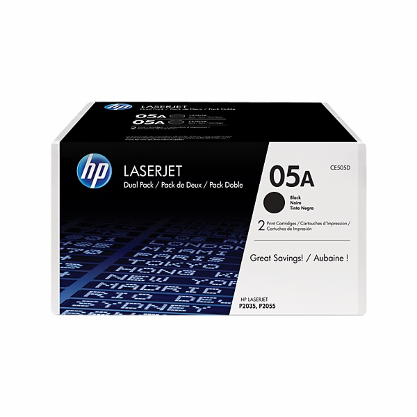 HP 05A Black LJ Toner Cart, 2-pack, CE505D (2,300 / 2,300...