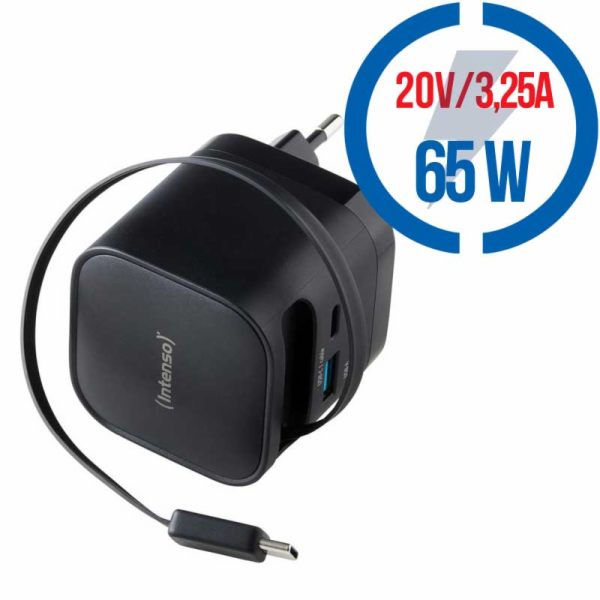 INTENSO W65ACIC GaN, USB-A/C, Nabíjačka, 65W, čier