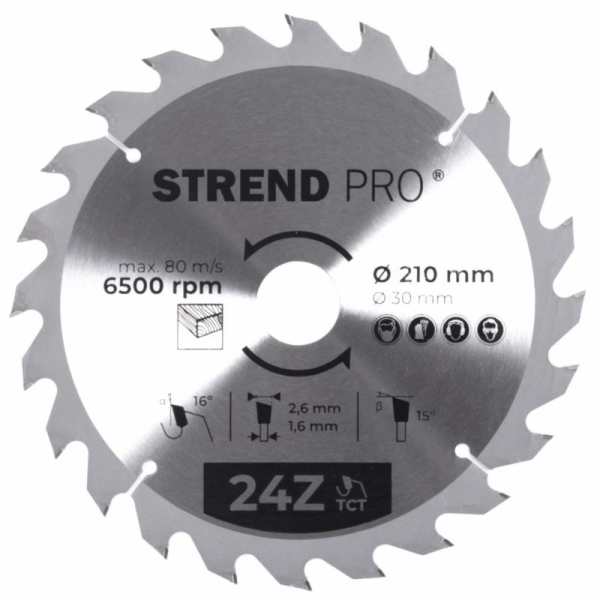 Strend Pro TCT kotouč 210x2,6x30/20 mm 24Z, na dřevo, pil...