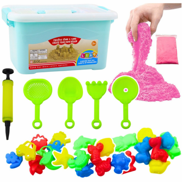 LeanToys Sada kinetického písku růžová 3kg, formy, nářadí...