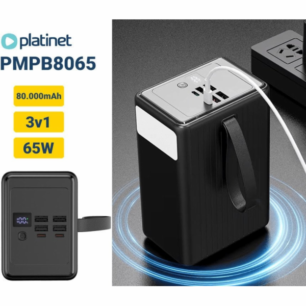 Platinet POWER BANK 80000 mAh 65W PD SVÍTILNA USB-C KABEL...