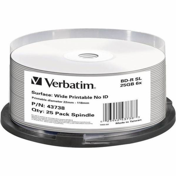 VERBATIM BD-R(25-pack)Blu-Ray/spindle/6x/25GB/Printable/N...