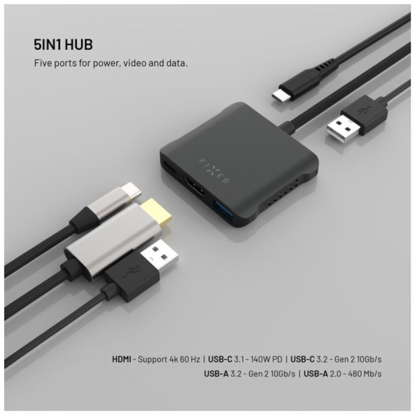 FIXED HUB Quadri, 5-portový hliníkový USB-C, 140W, PD 3.1...