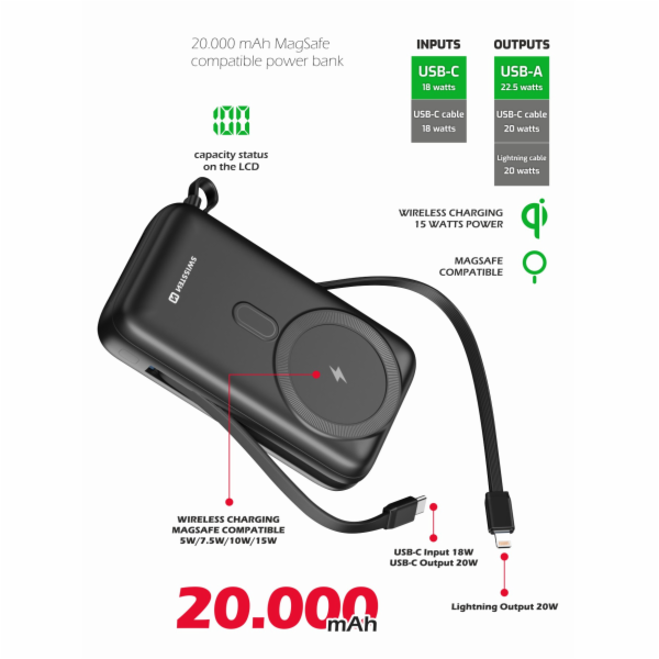 Swissten power bank 20000 mah pd 20w s integrovanými kabe...