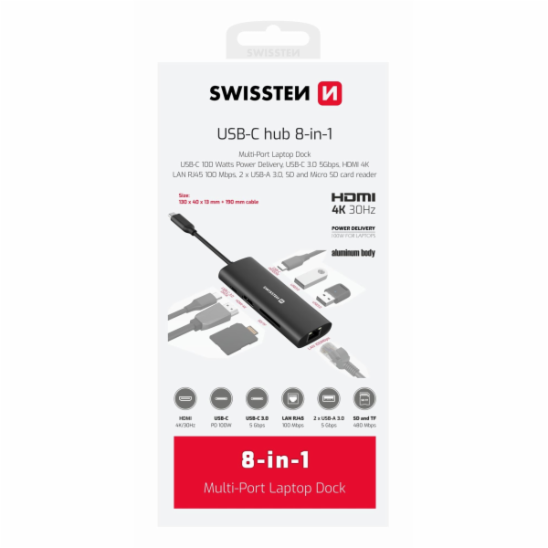 Swissten usb-c hub 8-in-1 (usb-c 100w, hdmi 4k, lan rj45,...
