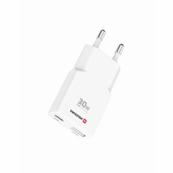 Swissten tenký síťový adaptér GaN USB-C + USB-A 30w bílý