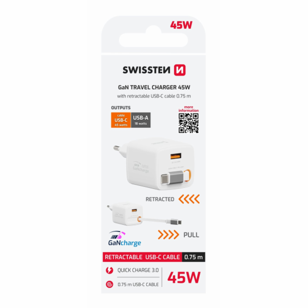 Swissten Nabíječka SWISSTEN SlideCHARGE GaN 45W síťový ad...