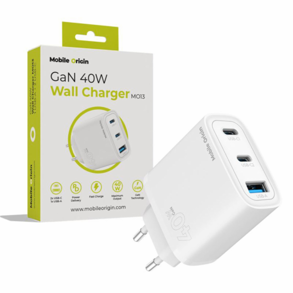 Mobile Origin 40W GaN Charger  MO13 white 1x USB-A + 2x U...