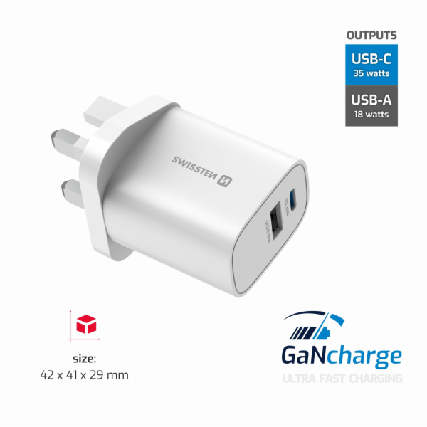 Swissten Síťový Adaptér Edge GaN 1x USB-C PD 35W + 1x USB...