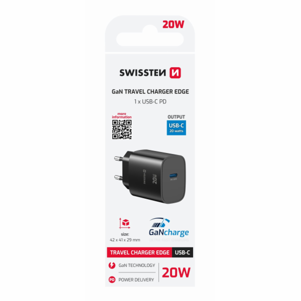 Swissten Síťový Adaptér Edge GaN 1x USB-C PD 20W Černý