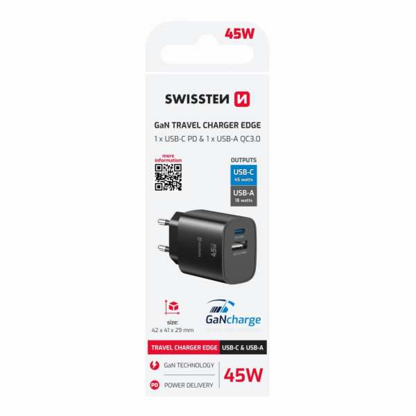 Swissten Síťový Adaptér Edge GaN 1x USB-C PD 45W + 1x USB...