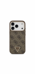 Guess PU Leather 4G Strass Triangle Logo Gold Frame MagSafe kryt iPhone 18 Pro hnedý