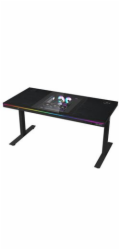 LORGAR stůl s volitelnou výškou, vestavěnou skříní pro PC, bezdrátovou nabíječkou, RGB a USB porty,  dřevěná deska