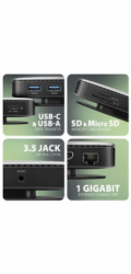 AXAGON HMC-UFO, USB 10Gbps hub, 2x USB-A, USB-C, HDMI 4k/60, RJ-45, M.2 slot, SD/mSD, audio, PD 100W, kabel USB-C 65cm