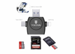 Viking OTG čtečka paměťových karet SD a Micro SD 4v1 s koncovkou APPLE Lightning / Micro USB / USB 3.0 / USB-C, černá