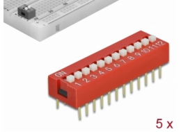 Delock Posuvný spínač DIP, 12-číslicový, s rozestupem 2,54 mm, THT, vertikální, červený, 5 ks