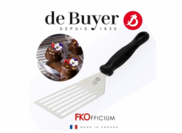 Obracečka de Buyer, 4232.01 OFFSET, děrovaná, nerezová ocel, 12 cm pracovní plochy, lze mýt v myčce na nádobí, ergonomicky tvarovaná rukojeť, protiskluzová úprava, očko pro zavěšení, výroba Francie