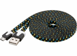 PremiumCord Kabel micro USB 2.0, A-B 2m, plochý textilní kabel, černo-modro-žlutý