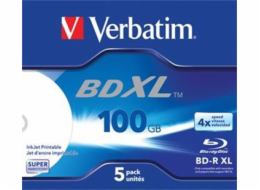VERBATIM BD-R XL (5-pack)Blu-Ray/Jewel/DL/4x/100GB/ WIDE WHITE INKJET PRINTABLE HARDCOAT SURFACE