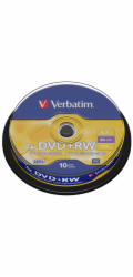 1x10 Verbatim DVD+RW 4,7GB 4x Speed, matny stribrna Cakebox