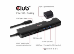 Club 3D CSV-1592 Club3D hub USB-C 3.2 Gen1 7in1 Hub HDMI 4K60Hz, 2x SD card, 2x USB-A, USB-C PD - nabíjení 100W, RJ45