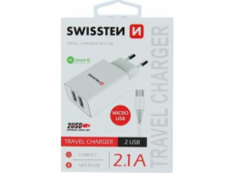 Swissten Síťový Adaptér Smart Ic 2X Usb 2,1A Power + Datový Kabel Usb / Micro Usb 1,2 M Bílý