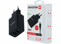 Nabíječka cestovní SWISSTEN 2x USB, IC, 2.1A + USB-C kabel, černá