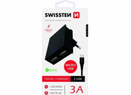 Nabíječka cestovní SWISSTEN 2x USB, IC, 3A, + microUSB kabel, černá