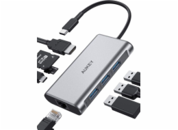 Aukey CB-C91 stanice / replikátor hliníkový HUB USB-C | 8v1 | RJ45 Ethernet 10/100 / 1000 Mbps | 3xUSB 3.1 | HDMI 4k @ 30 Hz | SD a micro SD | Napájení USB-C 100W