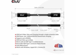 Club3D Prodlužovací kabel USB-C, 5Gbps 60W(20V/3A), 4K 60Hz (M/F), 2m