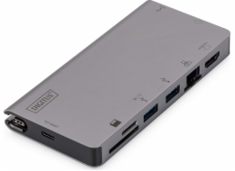 DIGITUS Cestovní dokovací stanice  USB-C Multiport, 8 portů, šedá 2x video, 2x USB-C, 2x USB3.0, RJ45, 2xčtečka karet 