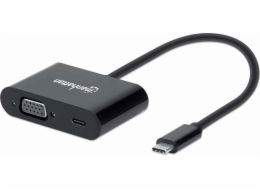 Manhattan USB-C to VGA and USB-C (inc Power Delivery), [email&#160;pčervenáected], 19.5cm, Black, Power Delivery to USB-C Port (60W)