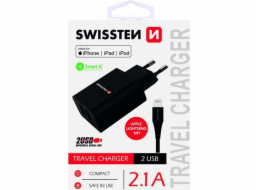 Nabíječka cestovní SWISSTEN 2x USB, IC, 2.1A + Lighthing MFI kabel, černá