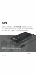Club3D hub USB-C, 7-in-1 hub s 2x HDMI, 2x USB Gen1 Type-A, 1x RJ45, 1x 3.5mm audio, 1x USB Gen1 Type-C, 100W PD