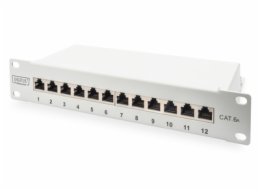 Digitus DN-91612S-EA-G DIGITUS CAT 6A Patch Panel, stíněný, 12-portové pole se štítkem, 1U, 10 "montáž do stojanu, šedá RAL 7035