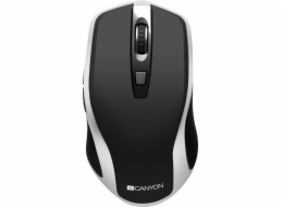 CANYON optická silent myš s bezdrátovým nabíjením, senzor Pixart, rozlišení 800/1200/1600DPI, 6 tlačítek, černo-stříbrná