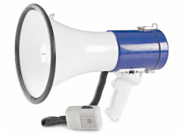 NEDIS megafon/ rozsah 1500m/ hlasitost 135dB/ odnímatelný mikrofon/ vestavěná siréna/ ramenní popruh/ bílo-modrý