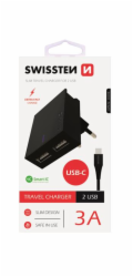 Nabíječka cestovní SWISSTEN 2x USB, IC, 3A, + USB-C kabel, černá