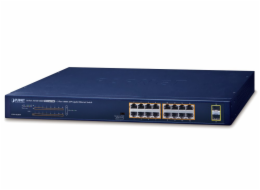 Planet GSW-1820HP PoE switch, 16x1Gb + 2x SFP 1Gb, PoE 802.3at 30/240W, VLAN, extend mód 10Mb-250m, 802.3az