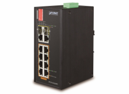 Planet IFGS-1022HPT průmyslový PoE switch, 8x100Mb + 2x1Gb/SFP, PoE 802.3at 30/240W, -40až75°C, dual 48-54VDC, IP30