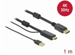 Delock - Kabel video/audio - HDMI, USB (pouze napájení) s piny (male) do DisplayPort s piny (male) - 1 m - trojnásobně stíněný - černá - podporuje 4K