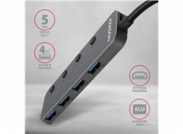 AXAGON HUE-MSA, 4x USB 3.2 Gen 1 SWITCH hub, kovový, micro USB nap. konektor, kabel USB-A 20cm