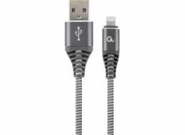 Gembird CC-USB2B-AMLM-2M-WB2 Lightning, šedý, bílý Gembird nabíjecí kabel Lightning 8-pin (M) na USB 2.0 (M), prémiový, opletený, metal konektory, 2 m, šedo-stříbrný