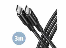 AXAGON BUCM-CM30AB, HQ kabel USB-C <-> USB-C, 3m, USB 2.0, PD 60W 3A, ALU, oplet, černý