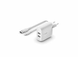 Belkin BOOST CHARGE™ Duální 24W USB-A nástěnná nabíječka + 1m lightning kabel, bílá