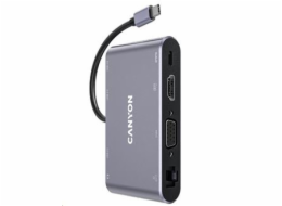 CANYON replikátor portů DS-14 8v1, 1xUSB-C PD 100W, 1xHDMI (4K), VGA, 3xUSB-A 3.0, RJ45 Gb, 3.5mm jack