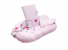 Luxusní hnízdečko s polštářkem a peřinkou New Baby z Minky růžová srdíčka