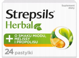 Recckitt Benckiser Strepsils_herbal pilulky bez cukru uklidňující podrážděné krk a hlasivky doplňují strava med, citronový balzám, propilis 24 ks.