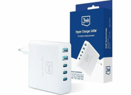 3mk síťová nabíječka - Hyper Charger 140W, GaN 3x USB-C (PD) / 2x USB, bílá